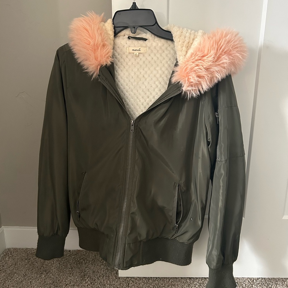 Women's Olive Bomber Jacket with Pink Fur Hood